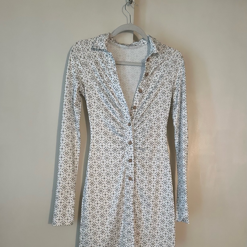 Patterned Long Sleeve Button Dress